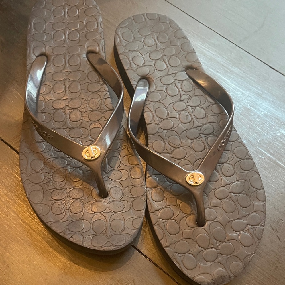 Coach Women's Metallic Taupe Logo Strap Flip Flops
